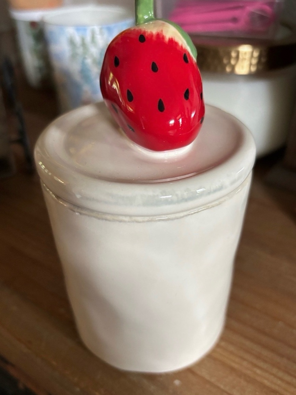 Anthropologie Ceramic Jar with Red Strawberry Lid -NIB